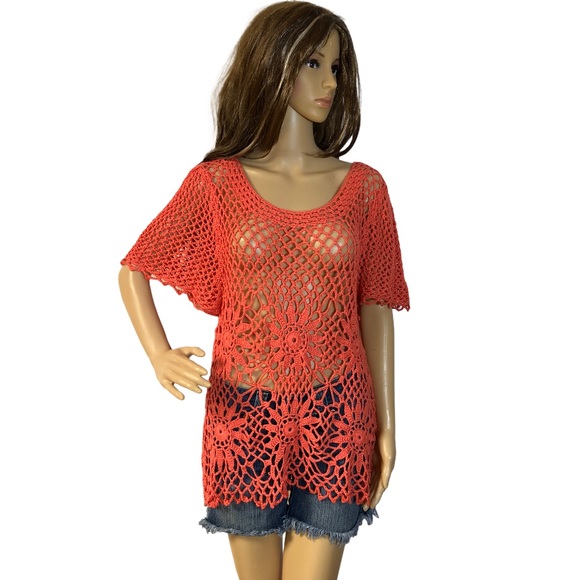Emerald Sweaters - EMERALD BEAUTIFUL CORAL OPEN KNIT CROCHET SWEATER